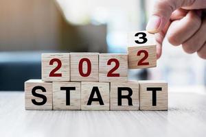 hand flipping block 2022 to 2023 START text on table. Resolution, strategy, goal, motivation, reboot, business and New Year holiday concepts photo