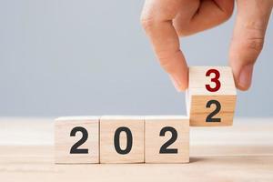 bloque de cubo de volteo manual 2022 a 2023 texto en la mesa. resolución, revisión, estrategia, fin de año, objetivo, negocios y conceptos de vacaciones de año nuevo foto