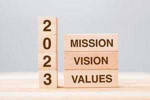 wooden block with text 2023 MISSION, VISION and VALUE on table background. Resolution, strategy, solution, goal, business and New Year holiday concepts photo