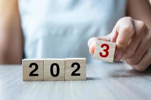 block 2023 text on table. Resolution, strategy, plan, goal, motivation, reboot, business and New Year holiday concepts photo