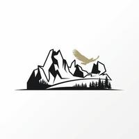 Unique but simple rock mountain with dense forest and bird image graphic icon logo design abstract concept vector stock. Can be used as symbol related to adventure or landscape