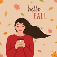 Cozy girl with a cup of coffee, hello fall, autumn leaves vector