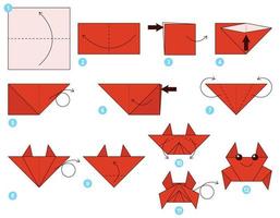 Crab origami scheme tutorial moving model. Origami for kids. Step by step how to make a cute origami crab. vector