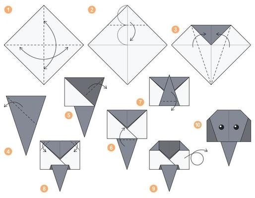Elephant origami scheme tutorial moving model. Origami for kids. Step by step how to make a cute origami Elephant.