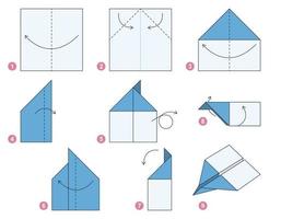 Modelo en movimiento del tutorial del esquema de origami del avión. papiroflexia para niños. paso a paso cómo hacer un lindo avión de origami. vector