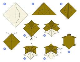 Turtle origami scheme tutorial moving model. Origami for kids. Step by step how to make a cute origami Turtle. Vector illustration.