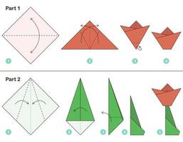Tulip origami scheme tutorial moving model. Origami for kids. Step by step how to make a cute origami Tulip. vector