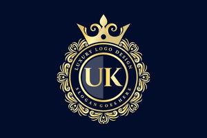 UK Initial Letter Gold calligraphic feminine floral hand drawn heraldic monogram antique vintage style luxury logo design Premium Vector