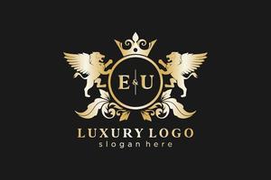 plantilla de logotipo de lujo real de león de letra inicial de la UE en arte vectorial para restaurante, realeza, boutique, cafetería, hotel, heráldica, joyería, moda y otras ilustraciones vectoriales. vector