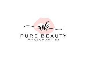 diseño de logotipo prefabricado inicial de labios de acuarela wk, logotipo para marca comercial de artista de maquillaje, diseño de logotipo de boutique de belleza rubor, logotipo de caligrafía con plantilla creativa. vector