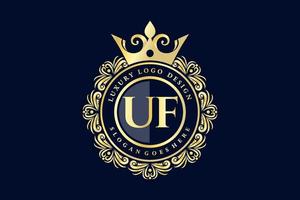 UF Initial Letter Gold calligraphic feminine floral hand drawn heraldic monogram antique vintage style luxury logo design Premium Vector