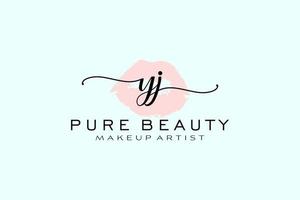 diseño de logotipo prefabricado inicial de labios de acuarela yj, logotipo para la marca comercial de maquilladores, diseño de logotipo de boutique de belleza ruborizada, logotipo de caligrafía con plantilla creativa. vector