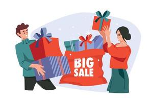 People with gifts. Girl and guy with a gift box. Christmas sale. Preparing for Christmas. Vector image.