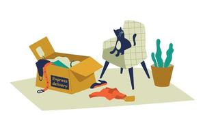 Delivery of online purchases. A box with delivered goods in the interior, a cat sits on a chair. Vector image.