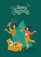 Man and woman are preparing for christmas and new year. A happy family decorates a Christmas tree in a cozy interior. Trendy characters celebrate winter holidays. Image for website, landing page. vector