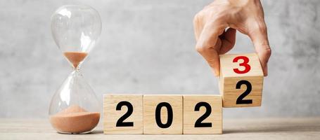 hand flipping block 2022 to 2023 text with hourglass on table. Resolution, time, plan, goal, motivation, reboot, countdown  and New Year holiday concepts photo