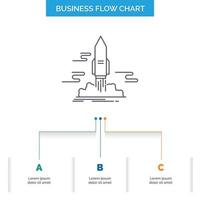 launch. Publish. App. shuttle. space Business Flow Chart Design with 3 Steps. Line Icon For Presentation Background Template Place for text vector