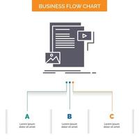 datos. documento. expediente. medios de comunicación. diseño de diagrama de flujo de negocios de sitio web con 3 pasos. icono de glifo para el lugar de plantilla de fondo de presentación para texto. vector