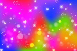 Rainbow fantasy background. Bright multicolored sky with stars, bokeh and hearts. Holographic wavy illustration. Vector. vector