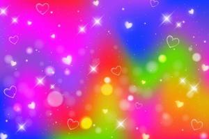 Rainbow fantasy background. Bright multicolored sky with stars, bokeh and hearts. Holographic wavy illustration. Vector. vector