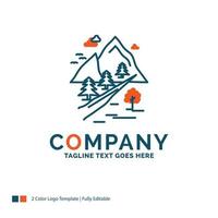 rocks. tree. hill. mountain. nature Logo Design. Blue and Orange Brand Name Design. Place for Tagline. Business Logo template. vector