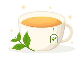 té de hierbas con hojas de manzanilla de bebida saludable verde para aumentar la resistencia en la ilustración de fondo plano de dibujos animados dibujados a mano de plantilla vector