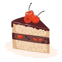 A piece of cherry sponge cake with chocolate icing. vector