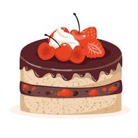 Sponge cake with berries and chocolate icing. vector