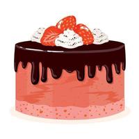 Sponge cake with strawberries, whipped cream and chocolate icing. vector