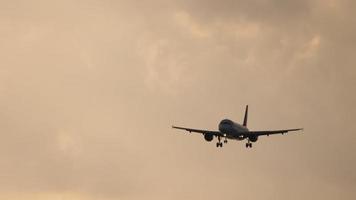 vista frontal de la silueta de un avión que llega. avión aterrizando al amanecer. los aviones llegan al atardecer. video