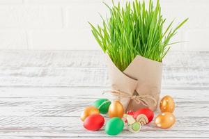 Easter background. Traditional food on the holiday table - Easter Cake and Easter painted eggs. Easter recipe. photo