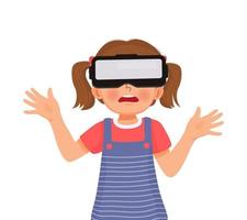linda niñita con casco de realidad virtual explorando el mundo virtual haciendo gestos con las manos vector