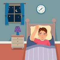 young man cannot sleep at night suffering from insomnia stay awake on the bed vector