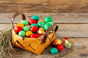 Hand-painted decorated Easter eggs in the basket on white wooden background, close up. Easter background photo