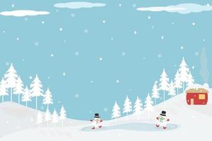 vector - escena de la temporada de invierno. pino, casa y muñeco de nieve en el cielo azul y nevando. saludo de la estación. hermoso dia. copie el espacio