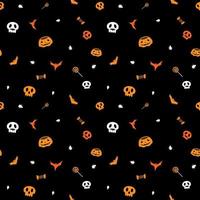 Vector - Abstract seamless pattern of many element of Halloween on black background. Pumpkin, skull, ghost, candy, lollipop, bat and spider.