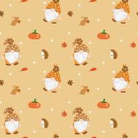 Vector - Abstract seamless pattern of cute Gnomes, pumpkin, maple leaves, porcupine, rabbit on autumn background. Fall season. Can be use for print, paper, fabric, wrapping, greeting.