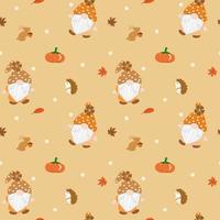 Vector - Abstract seamless pattern of cute Gnomes, pumpkin, maple leaves, porcupine, rabbit on autumn background. Fall season. Can be use for print, paper, fabric, wrapping, greeting.