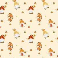 Vector - Abstract seamless pattern of cute Gnome holding pumpkin, maple leaves on autumn background. Fall season.