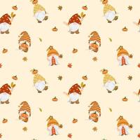 Vector - Abstract seamless pattern of cute Gnome holding pumpkin, maple leaves on autumn background. Fall season.