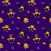 Vector - Abstract seamless pattern of cute many Teddy bear with wing and Halloween cloth, skull, bat on purple background. Holiday. Can be use for print, paper, wrapping, backdrop, fabric.