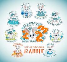 Set of stickers with symbol of the 2023 year. Cute little rabbit or hare in different seasons and new year. vector