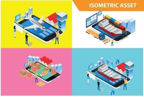 ilustración de tecnología en línea de tienda inteligente de colección de conjunto isométrico 3d moderno en fondo blanco aislado con personas y activos digitales relacionados vector