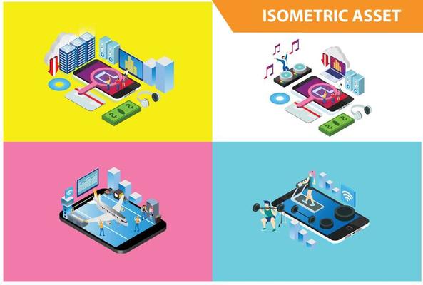 Modern 3d Isometric Set collection Smart Shop Online Technology Illustration in White Isolated Background With People and Digital Related Asset
