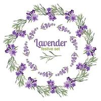 establecer marcos festivos y elementos con flores de lavanda para tarjetas de felicitación. ilustración botánica. vector