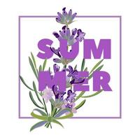 fondo floral de verano con hermosas flores de lavanda sobre fondo blanco. tarjeta de felicitación de tipografía multicolor vector