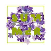 fondo floral de verano con hermosas flores de lavanda sobre fondo blanco. tarjeta de felicitación de tipografía multicolor vector