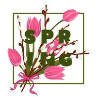 Spring floral background with beautiful bouquet of tuilp and pussy willow flower vector