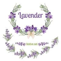 establecer marcos festivos y elementos con flores de lavanda para tarjetas de felicitación. ilustración botánica. vector