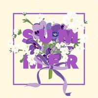 fondo floral de verano con hermosas flores de lavanda sobre fondo blanco. tarjeta de felicitación de tipografía multicolor vector